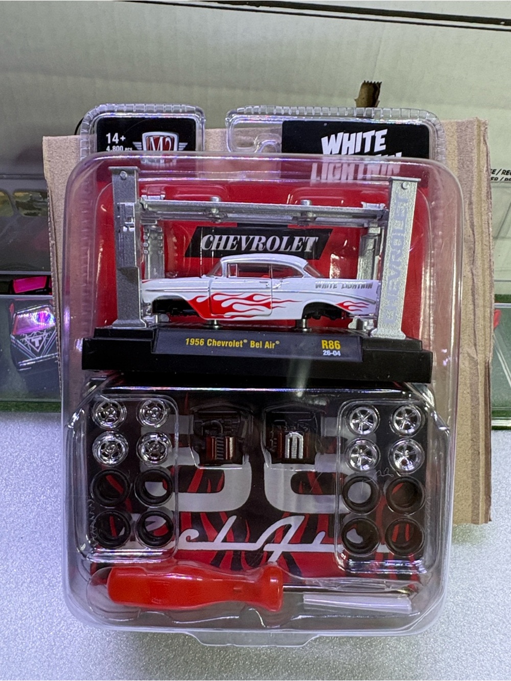 M2 machines White lightning 1956 Bel Air Toy Car with Red Flames